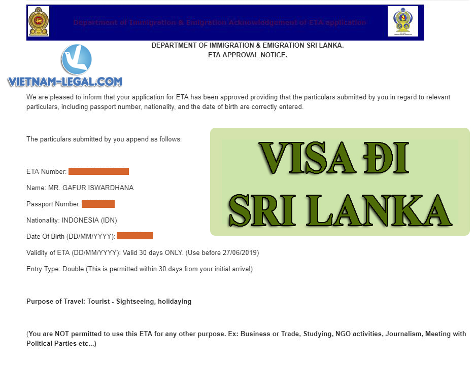 KẾT QUẢ VISA SRI LANKA CHO NGƯỜI NƯỚC NGOÀI