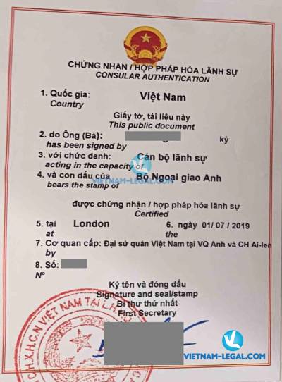 Legalization Result of UK Document for use in Vietnam, July 2019