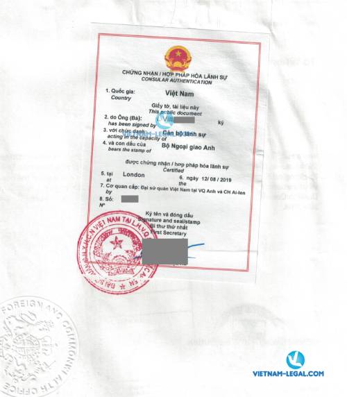 Legalization Result of UK Document for use in Vietnam, August 2019