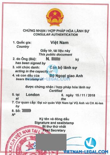 Legalization Result of UK Certificate of Incorporation for use in Vietnam, November 2018