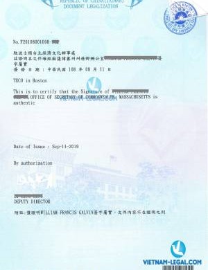 Legalization Result of Academic Transcript from Massachusetts, USA for use in Taiwan, September 2019
