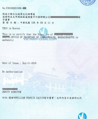 Legalization Result of Bachelor Degree from Massachusetts, USA for use in Taiwan, September 2019