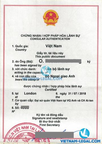 Legalization Result of UK Marriage Certificate for use in Vietnam, July 2018