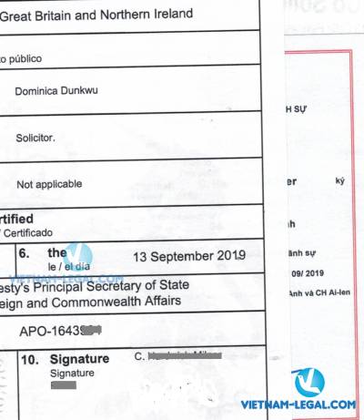 Legalization Result of UK Certificate of Incorporation  for use in Vietnam, September 2019