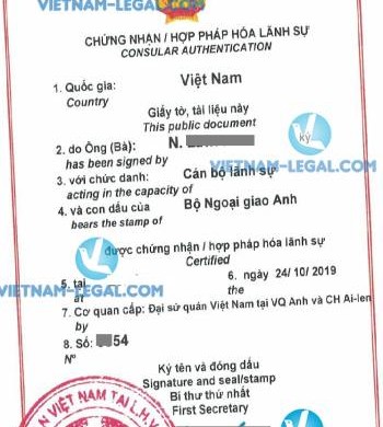 Legalization Result of UK Company Charter for use in Vietnam, October 2019