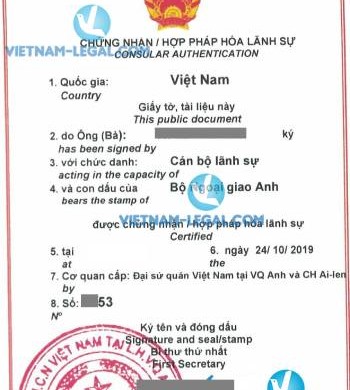 Legalization Result of UK Company Charter for use in Vietnam, October 2019