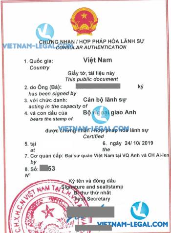 Legalization Result of UK Company Charter for use in Vietnam, October 2019