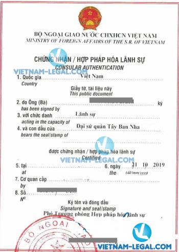Legalization Result of  Working Certificate from Spain for use in Vietnam, Octorber 2019
