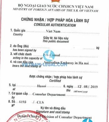 Legalization Result of Australian English Teaching Certificate for use in Vietnam, August 2019